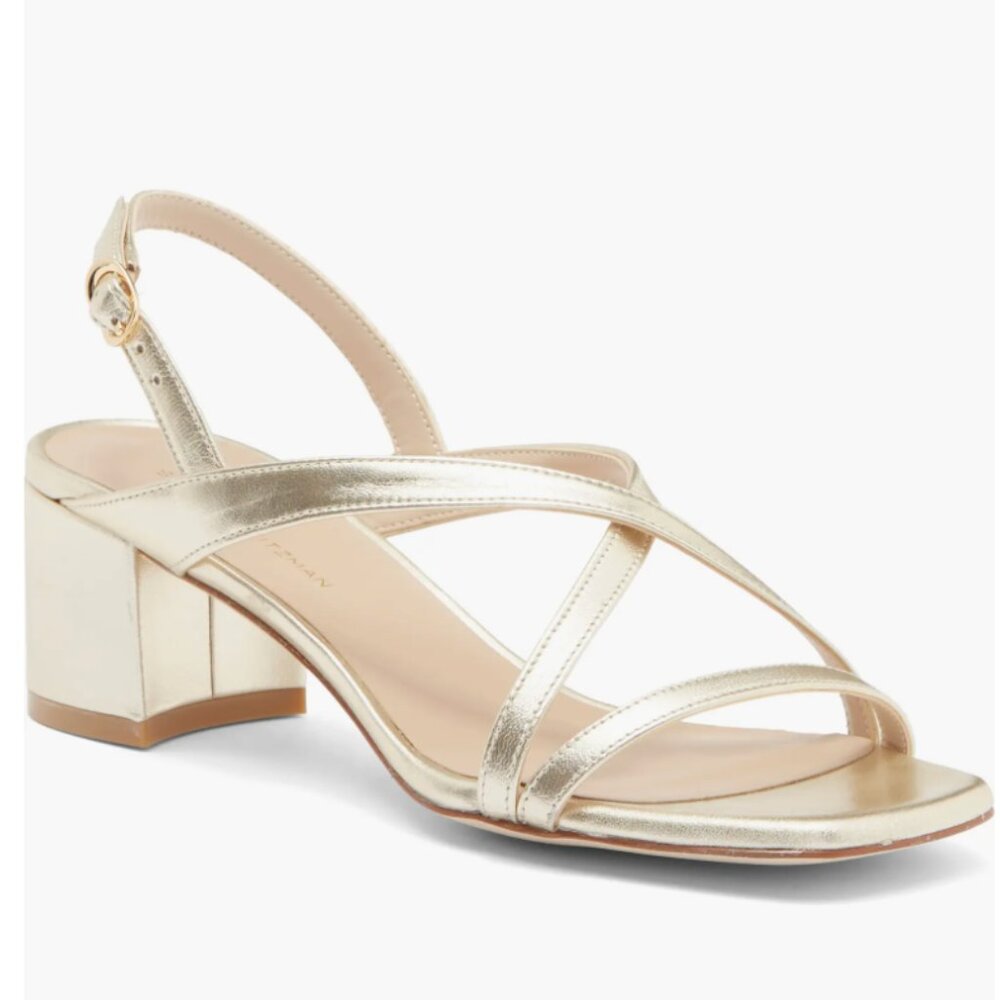 Stuart Weitzman Metallic Gold Strappy Block Heel Sandals